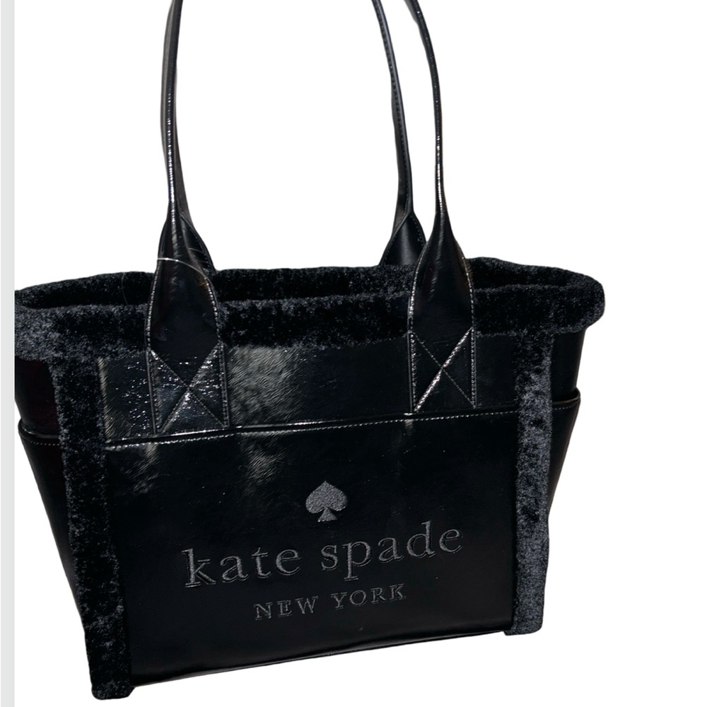 KATE SPADE JETT BLACK LEATHER W/ FAUX SHEARLING ACCENTS LARGE TOTE NWT $459